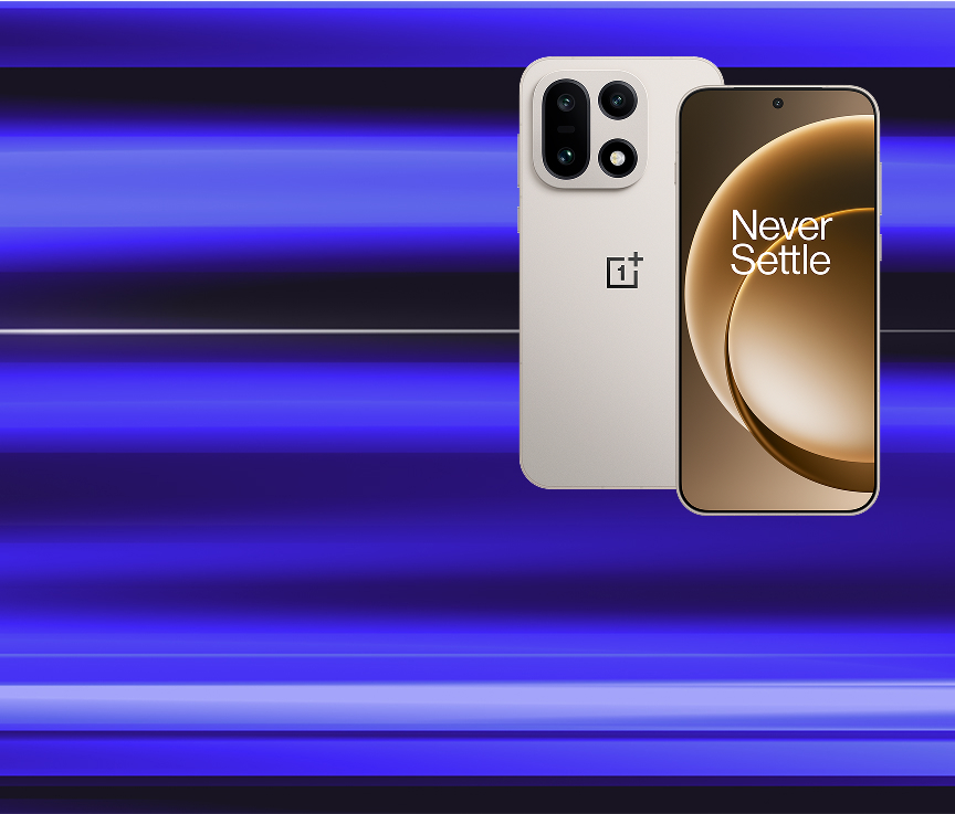 Vit OnePlus-smartphone med texten "Never Settle" på skärmen, visad mot en blå bakgrund med horisontella ränder.