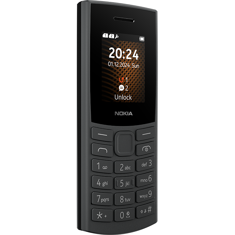 Svart Nokia-mobiltelefon med knappsats, sedd snett från sidan, visar låsskärm med tid 20:24 och datum 01.12.2024.