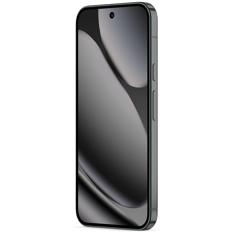 Google Pixel 10 Pro XL i svart färg med minimalistisk design. Skärmen visar mjuka, vita vågformade linjer på grå bakgrund.