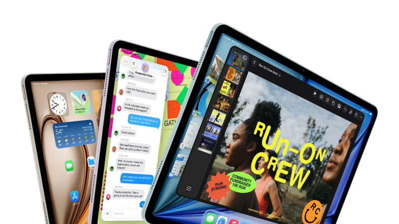 Tre iPads som visar olika appar och funktioner, inklusive meddelanden, kartor och en löparapp med färgglad grafik.