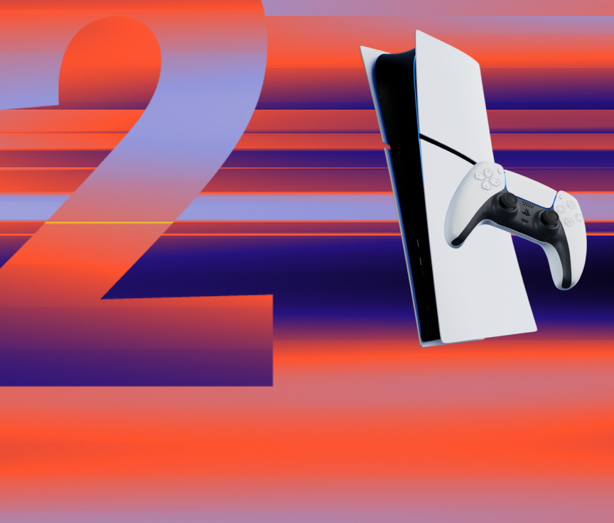 PlayStation 5-konsol med handkontroll mot en färgstark bakgrund med siffran 2 i orange och lila toner.