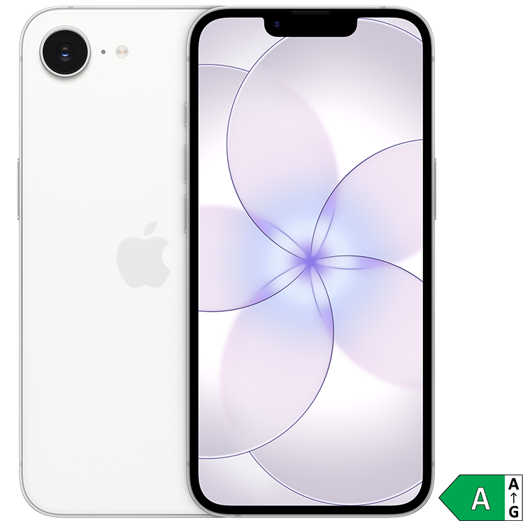 Fram- och baksida på vit iPhone 17e