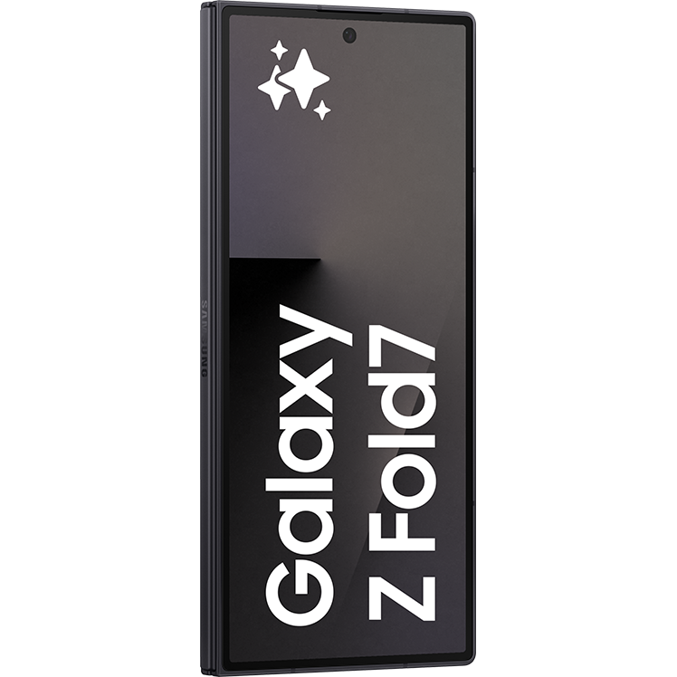 Samsung Galaxy Z Fold7 i svart, visad snett framifrån i hopfällt läge, med extern skärm påslagen.
