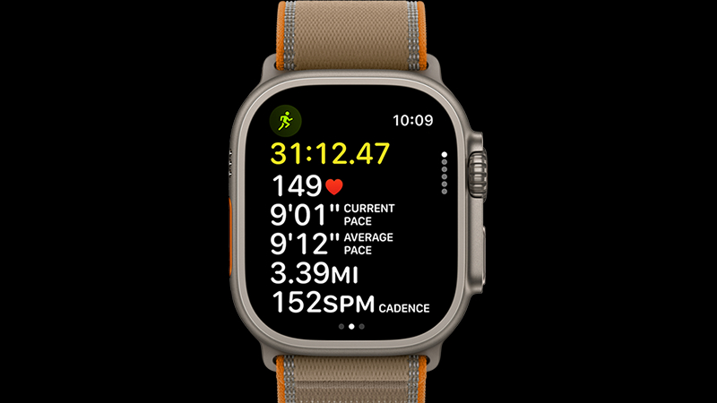 Apple Watch Ultra visar löpträningsdata: tid 31:12, puls 149, tempo, distans 3,39 miles och kadens 152 SPM.