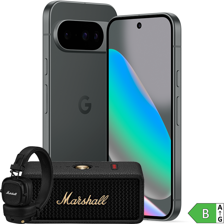 Grå Google Pixel-telefon med trippelkamera, tillsammans med svarta Marshall-hörlurar och en högtalare, samt en energimärkning.