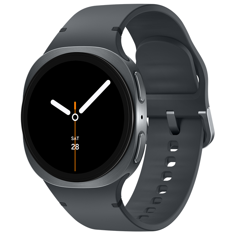Galaxy Watch8 sett från vänster med rund urtavla, visar tid 10:10 och datum, monterad på ett mörkgrått silikonarmband.