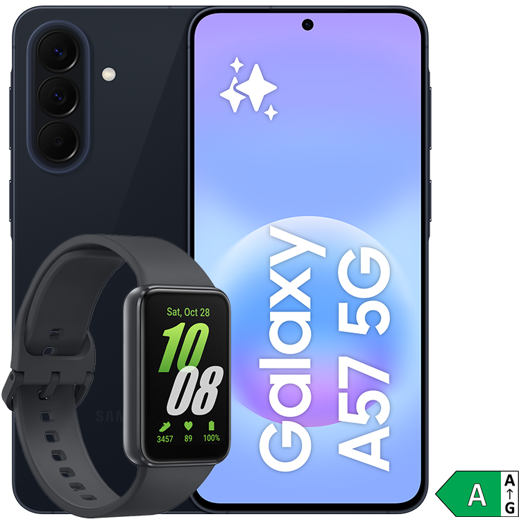 Mörkblå Samsung Galaxy A57 med Galaxy Fit3 och bild på energiklass A i hörnet