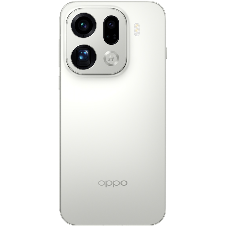 Baksida av en vit OPPO-smartphone med ett trippelkamerasystem i silvrig infattning och OPPO-logotyp.