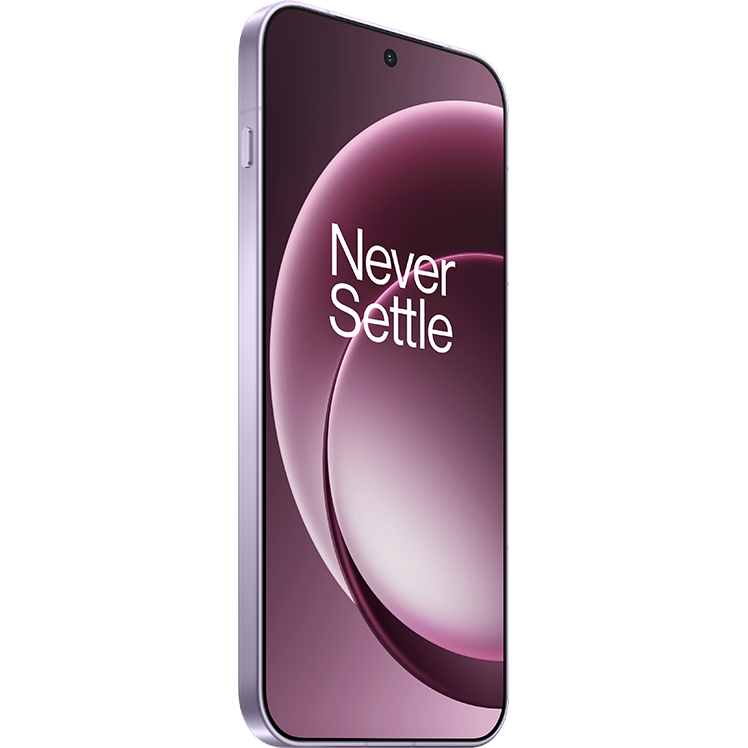 En OnePlus-smartphone med vinröd skärm som visar texten "Never Settle" mot en elegant böjd bakgrund.