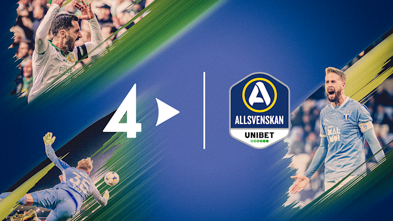 Fotbollsspelare i aktion med Allsvenskan Unibet-logotypen i mitten mot blå bakgrund med gröna penseldrag.