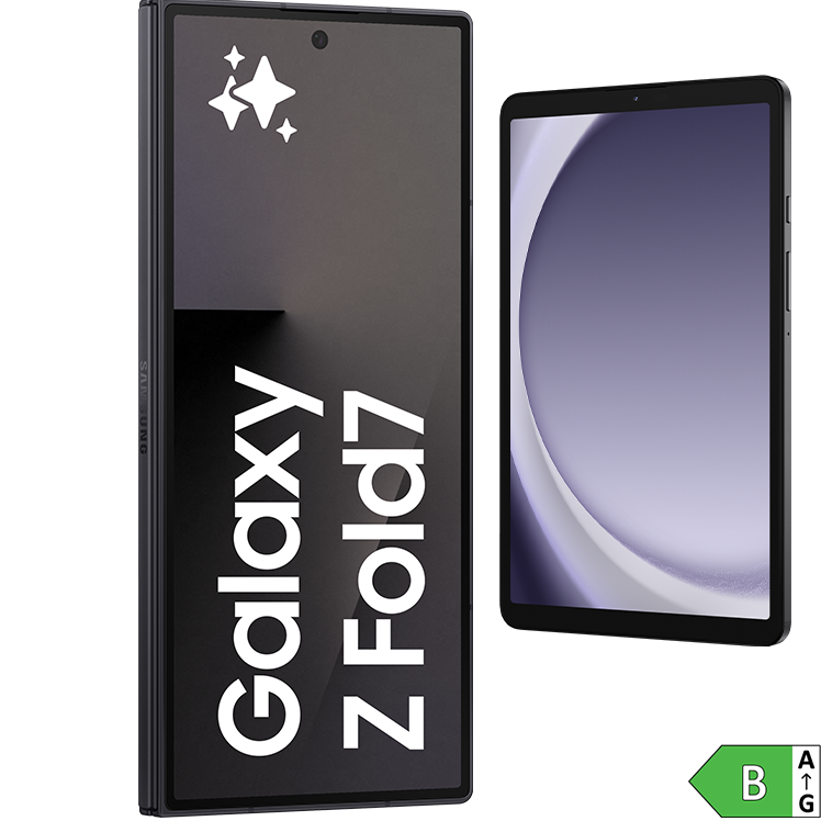 En Samsung Galaxy Z Fold-telefon bredvid en surfplatta, båda med svarta ramar och lila skärm på surfplattan.