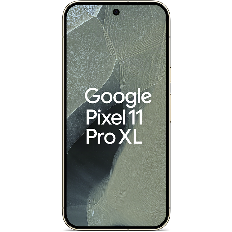 Google Pixel 11 Pro XL smartphone framifrån med beige ram och grön skärmbakgrund med produktnamnet synligt.