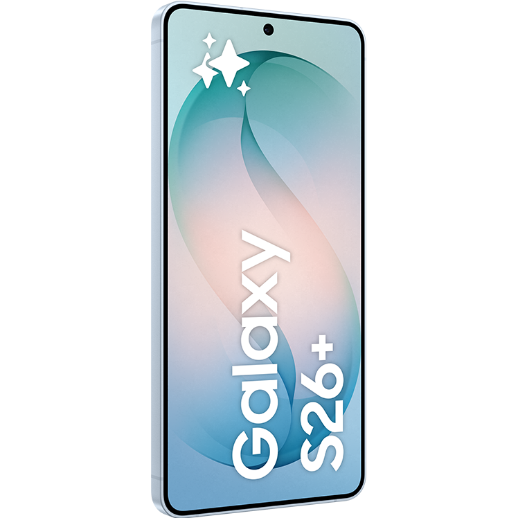 Samsung Galaxy S26+ smartphone med pastellfärgad skärm i blått och rosa med gnistrande stjärnor i övre hörnet.