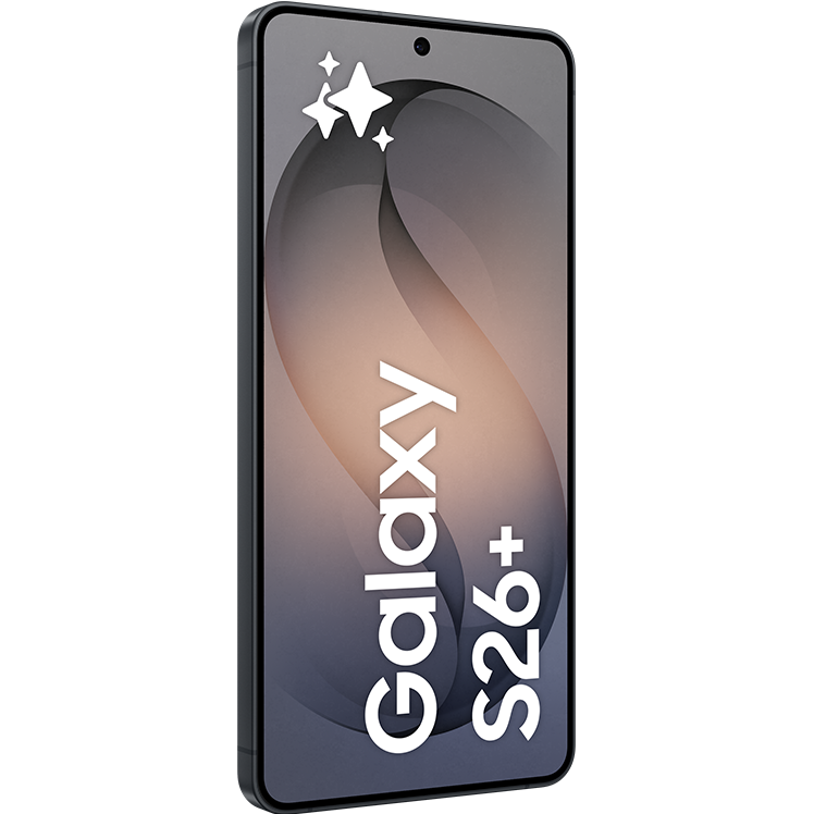 Samsung Galaxy S26+ smartphone med pastellfärgad skärm i grått och orange med gnistrande stjärnor i övre hörnet.