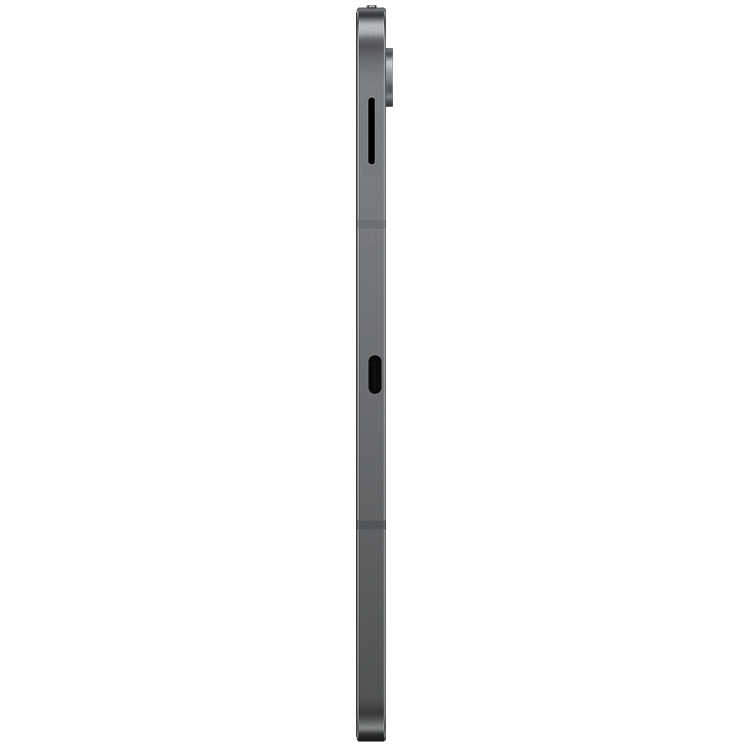 Sidovy av en tunn grå surfplatta eller smartphone som visar enhetens profil med USB-port och volymknappar.