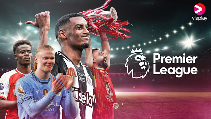 Fotbollsspelare från Premier League med en trofé och röda band. Viaplay-logotypen och Premier League-emblem syns i bilden.