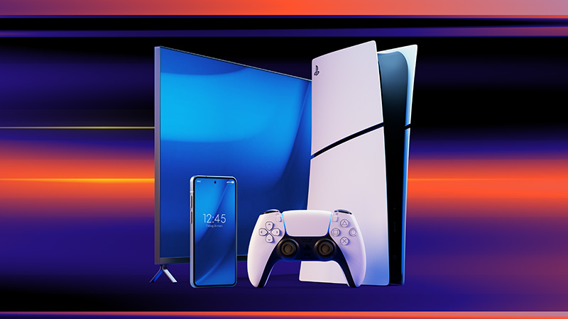 Gruppbild med tv, mobil och PlayStation 5 mot en lila, röd och svart-gradient bakgrund