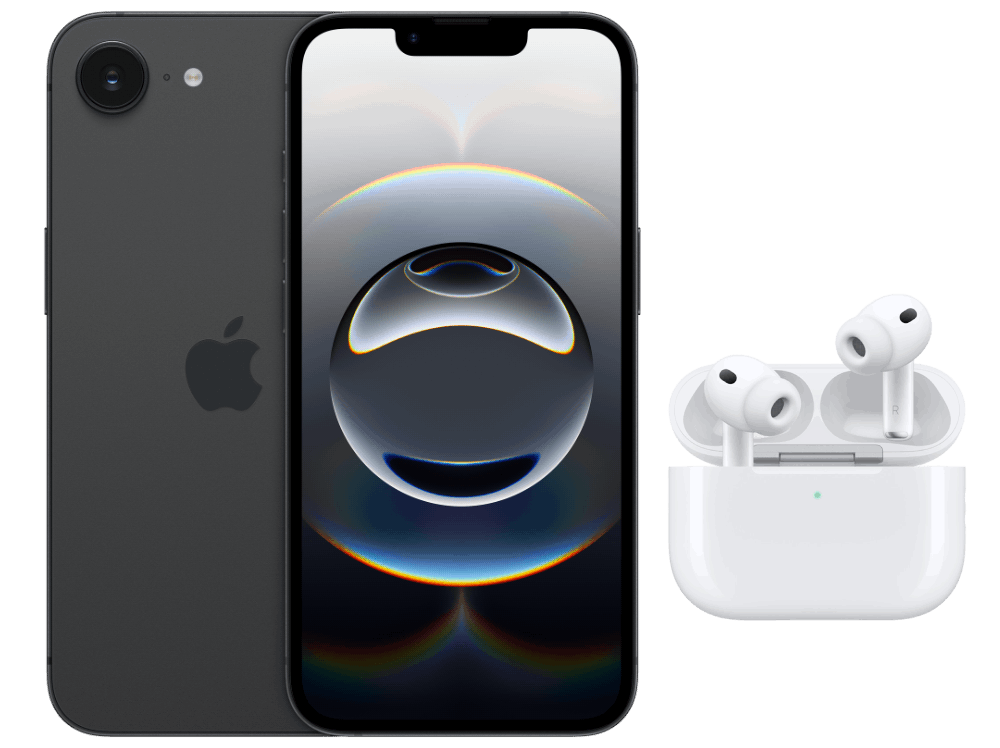 Fram- och baksida av smartphone modell iPhone 16e i svart samt ett par hörlurar modell AirPods Pro 3 i vitt med vitt fodral.