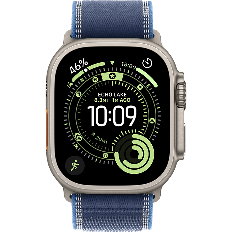 Apple Watch Ultra 3 med titanboett och blått armband som visar träningsdata och tid 10:09 på en svart urtavla med gröna detaljer.
