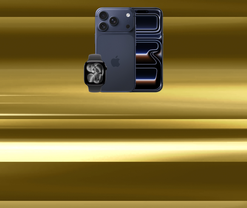 Mörkblå iPhone med tre kameror bredvid en Apple Watch mot gyllene bakgrund. Telefonens skärm visar abstrakt mönster.