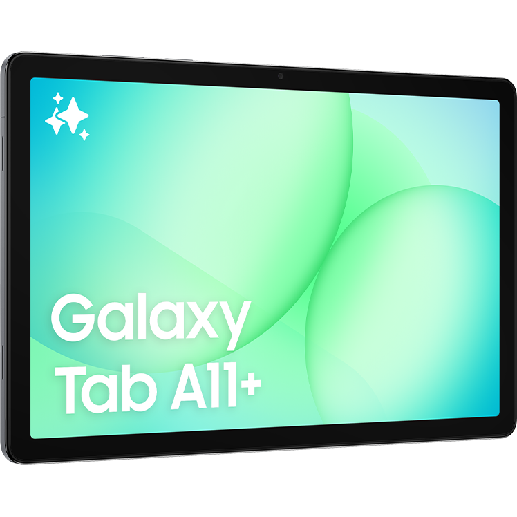 Samsung Galaxy Tab A11+ surfplatta med svart ram och ljusgrönt skärmgränssnitt som visar produktnamnet och stjärnsymboler.