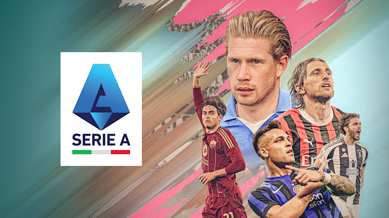 Grafisk bild med Serie A-logotypen och fotbollsspelare från olika italienska klubbar mot en turkos och rosa bakgrund.