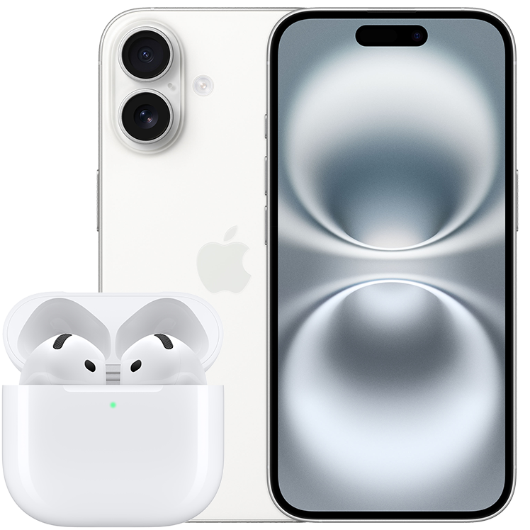 Vit iPhone 16 visad fram- och bakifrån, tillsammans med ett par vita Apple AirPods i öppnat laddningsetui.