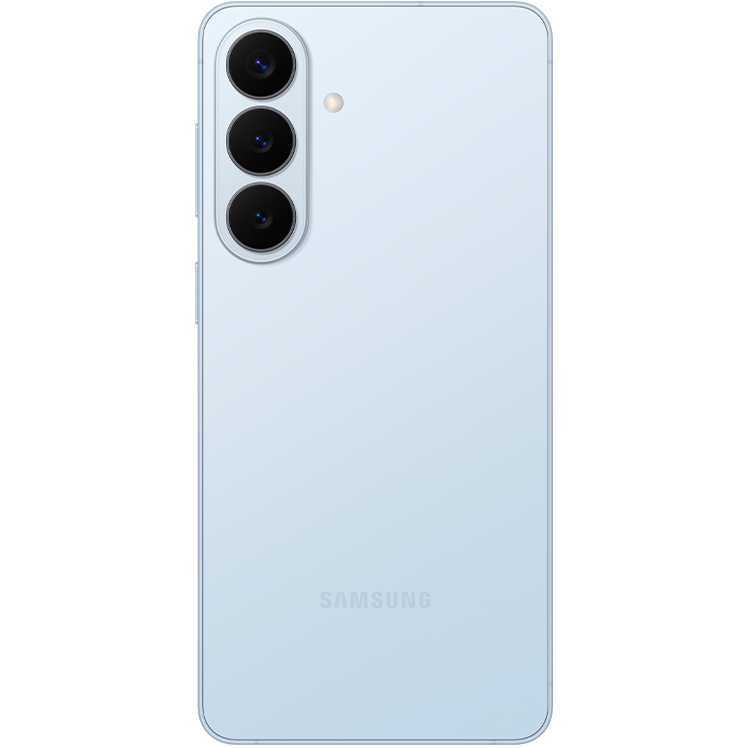 Baksidan av en ljusblå Samsung-smartphone med tre kameror i en vertikal rad och en blixt placerad bredvid.