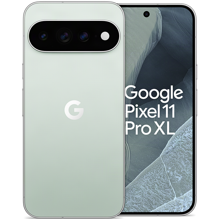 Google Pixel 11 Pro XL smartphone i ljusblå färg, visad från bak- och framsida med trippelkamera.