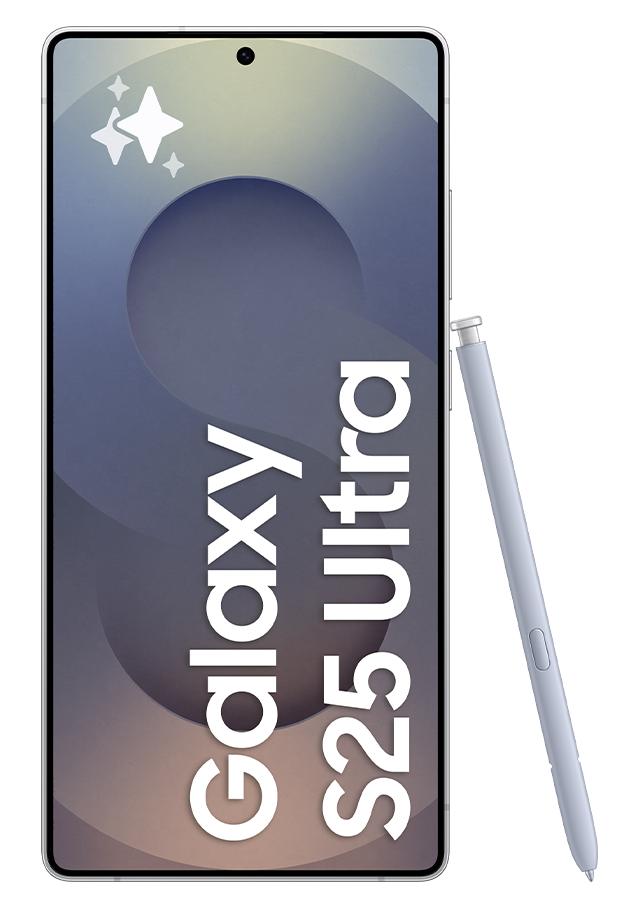 Samsung Galaxy S25 Ultra i silver färg, visad fram- och bakifrån med fyra kameralinser och medföljande pekpenna.