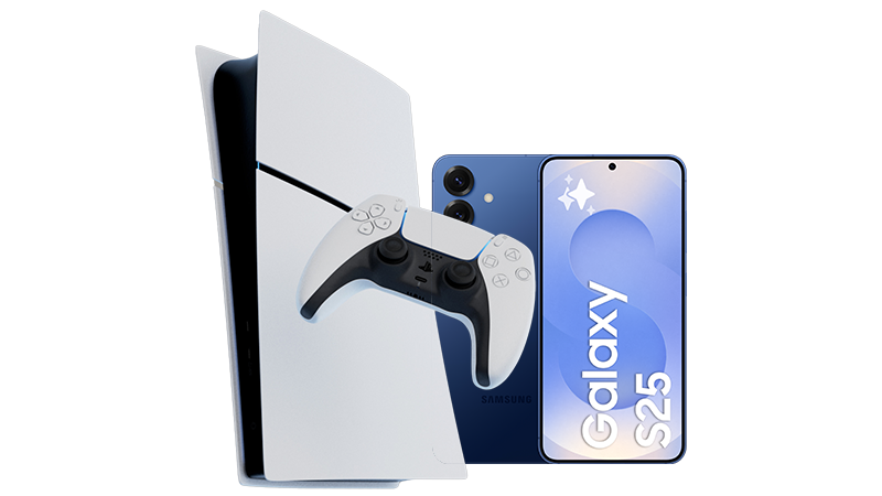 En vit PlayStation 5-konsol med handkontroll bredvid en blå Samsung Galaxy S25-smartphone.