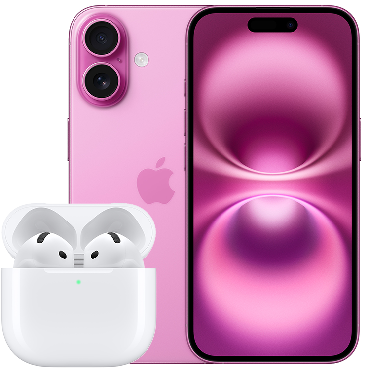 Rosa iPhone 16 visad fram- och bakifrån, tillsammans med ett par vita Apple AirPods i öppnat laddningsetui.