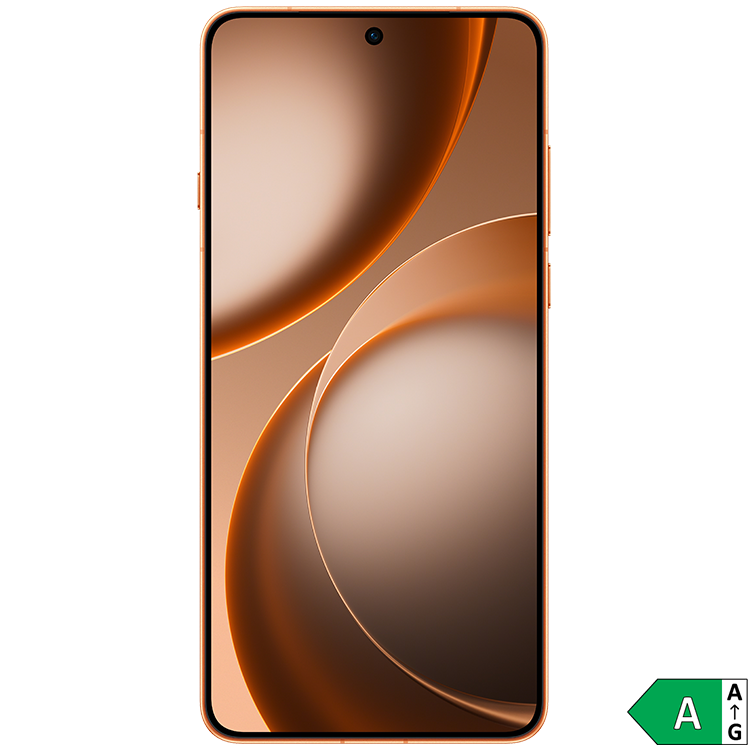 OPPO Find X9 Ultra i orange, framsida med centrerad kamera. EU-energimärkning klass A
