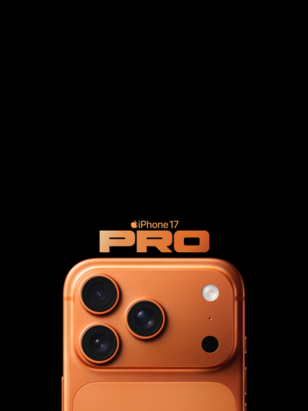 En orange iPhone 17 Pro med tre kameralinser mot svart bakgrund, med logotypen synlig ovanför telefonen.