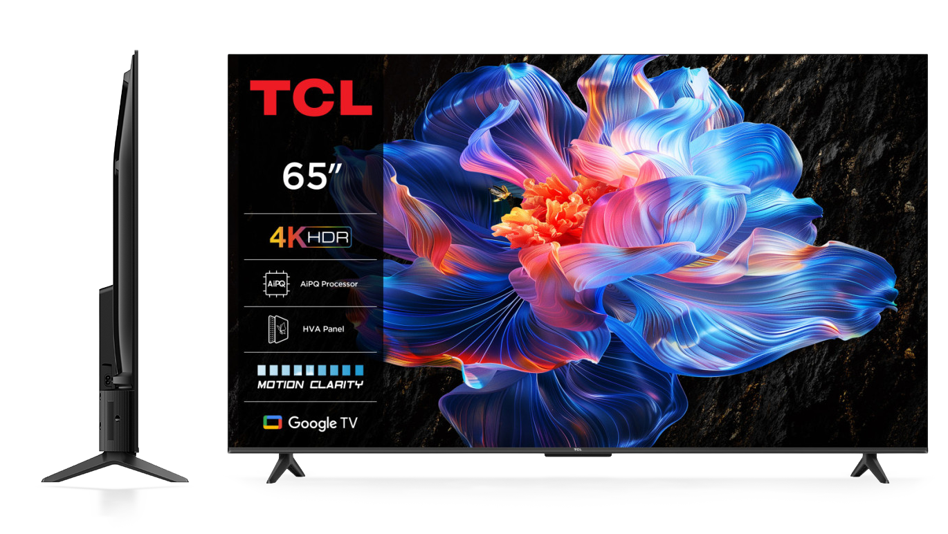 TCL 65-tums TV med 4K HDR-skärm som visar en färgglad blomma i blått och rött. Sidovy visar den tunna profilen.