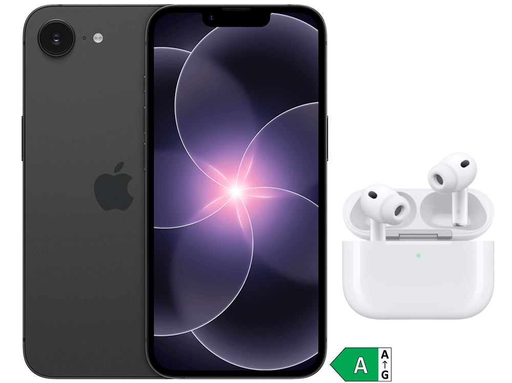Fram- och baksida av smartphone modell iPhone 17e i svart samt hörlurar modell AirPods Pro 3 i vitt med vitt fodral.
