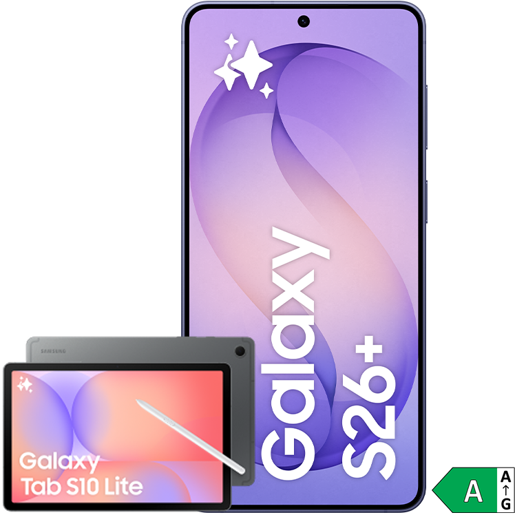 Samsung Galaxy S26+ smartphone i lila tillsammans med Galaxy Tab S10 Lite surfplatta i grå, energiklass A.