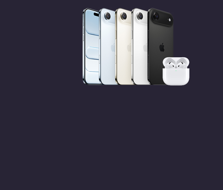 Fem iPhone Air i olika färger (blå, vit, guld, silver och svart) uppställda bredvid ett par vita AirPods 4 i laddningsfodral.