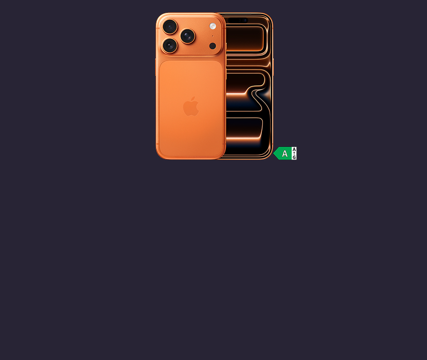 Orange iPhone 16 Pro visad framifrån och bakifrån mot mörk bakgrund, med energimärkning klass A.