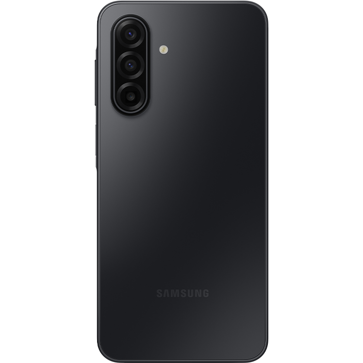 Svart Samsung-smartphone sedd bakifrån med trippelkamera i övre vänstra hörnet och Samsung-logotyp längst ner.