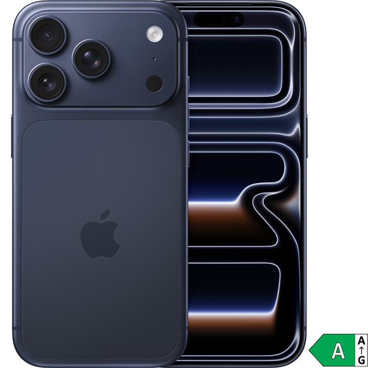 Mörkblå iPhone 17 pro med tre kameror på baksidan, bredvid en skärm med abstrakt ljusmönster. Energimärkning A visas i hörnet.