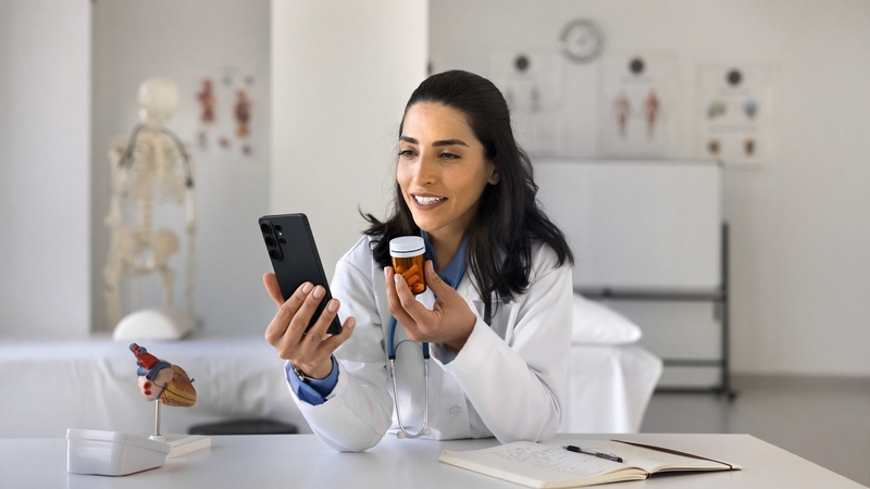 Kvinna i läkarrock sitter i ett sjukhusrum och pratar i mobil samt håller i en tablettburk. 