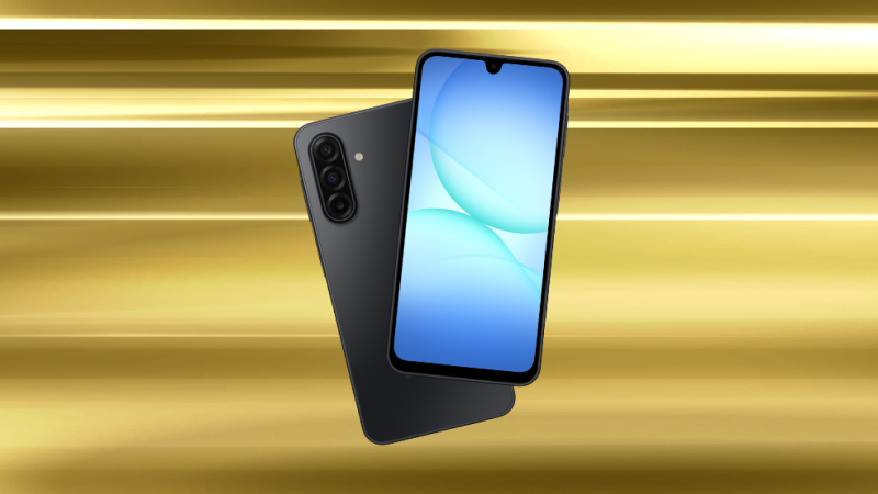 Svart smartphone med trippelkamera visas från fram- och baksidan mot en gyllene bakgrund.