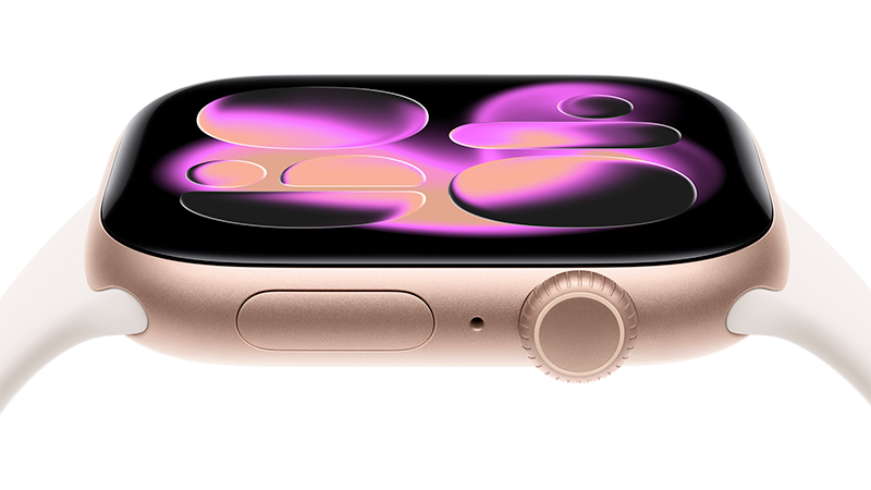 En Apple Watch Series 11 med roséguld hölje och vit rem. Skärmen visar abstrakt lila och orange mönster mot svart bakgrund.