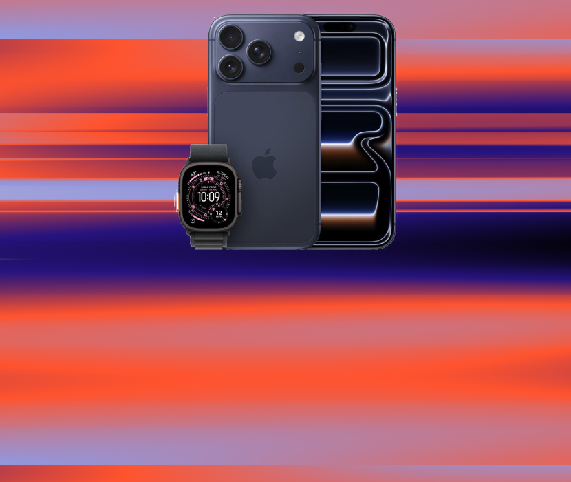 Mörkblå iPhone med tre kameror och en Apple Watch mot en bakgrund med röda och lila horisontella ränder.