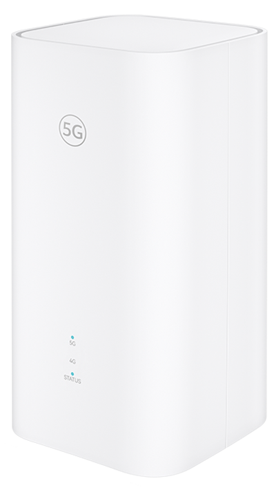 Vit 5G-router med avrundade hörn, 5G-logotyp på framsidan och statusindikatorer för 5G, 4G och status.