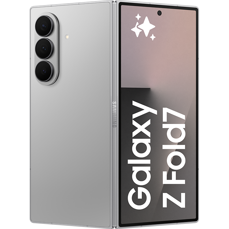 Samsung Galaxy Z Fold7 i silver, visad i halvt öppet läge med framskärmen påslagen och baksidan synlig.
