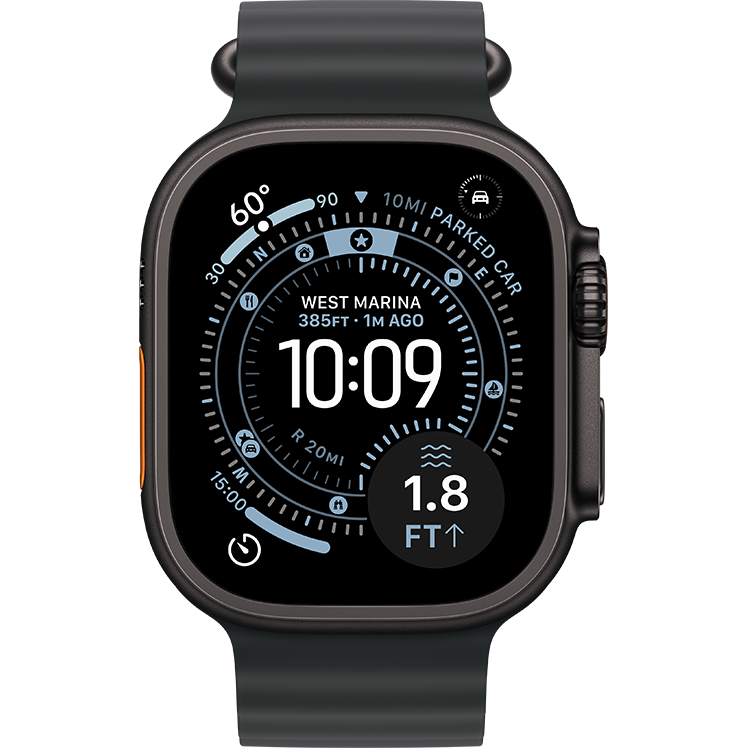 Svart Apple Watch Ultra 3 smartklocka med marin urtavla som visar tid 10:09, platsdata "West Marina" och navigeringsinformation på skärmen.