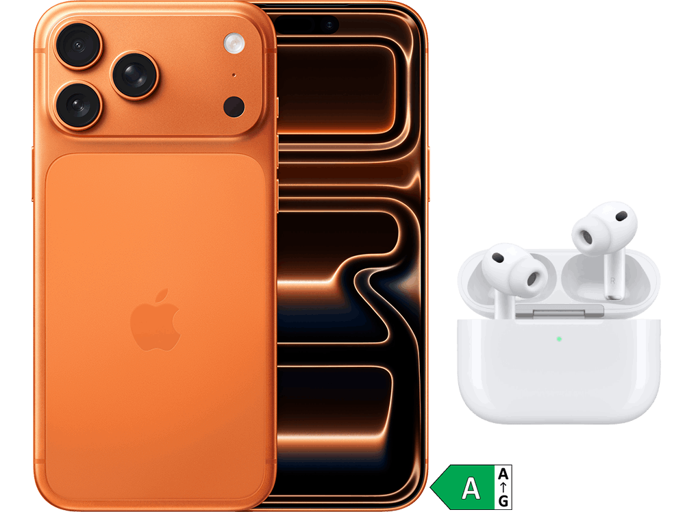 Fram- och baksida av smartphone modell iPhone 17 Pro Max i orange samt hörlurar modell AirPods Pro 3 i vitt med vitt fodral. 