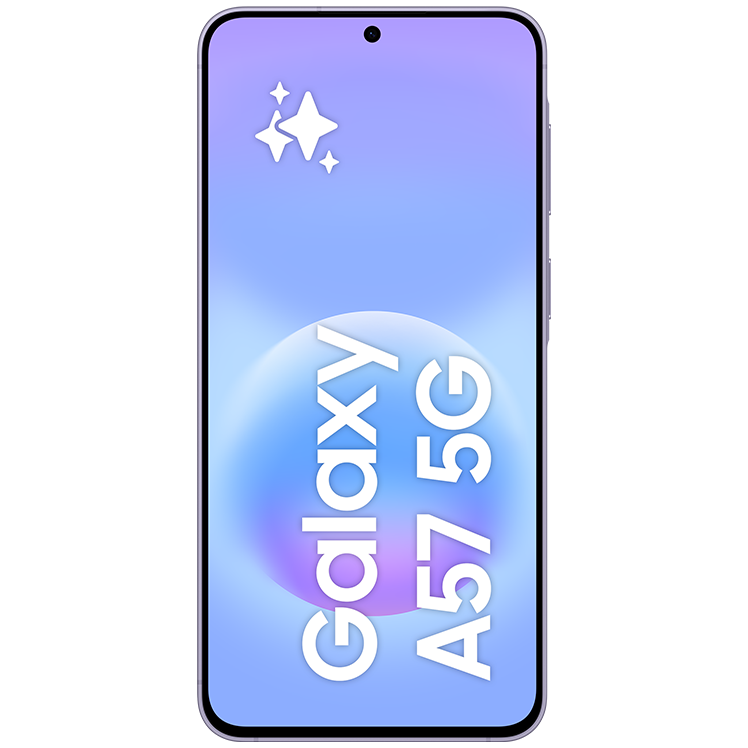 En Samsung Galaxy A57 5G-smartphone med ljusblå skärm som visar produktnamnet och dekorativa stjärnor i övre delen.